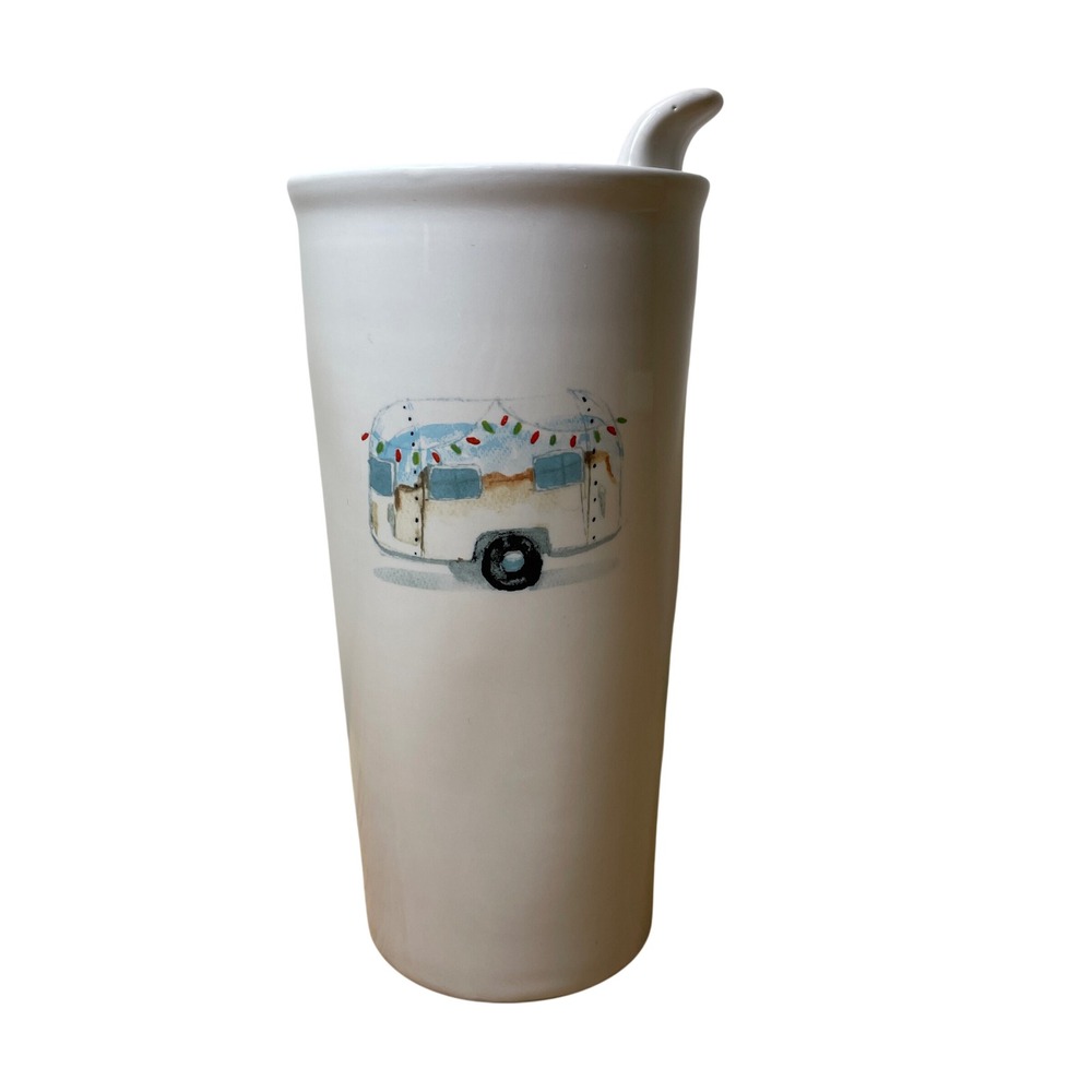 Rae Dunn Home For The Holidays Vintage Camper Ceramic Travel Tumbler Mug Lid